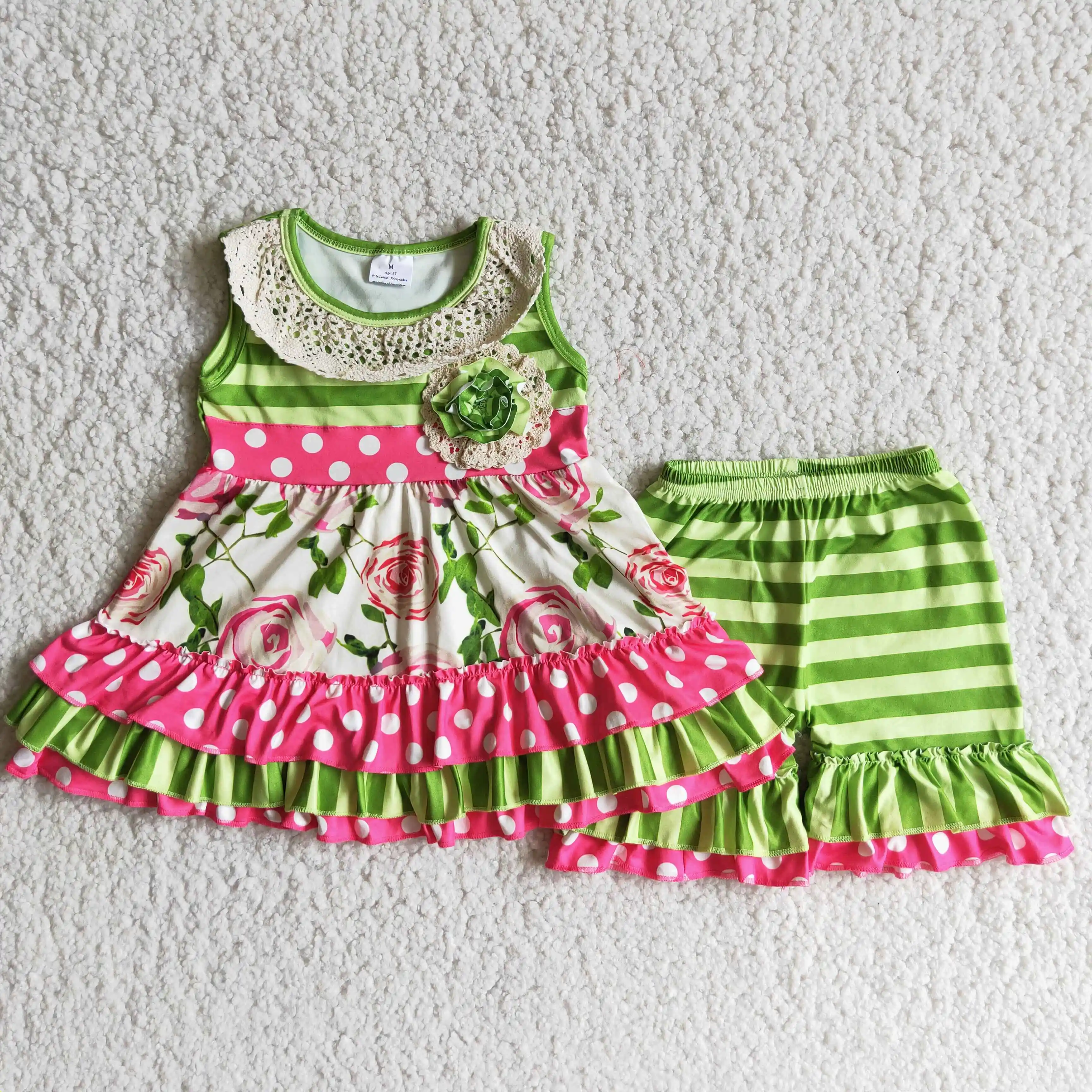 

High Quality RTS Wholesale Sassy Girls Apparels Toddler Flower Green Outfits K​ids Boutique Summer Sets