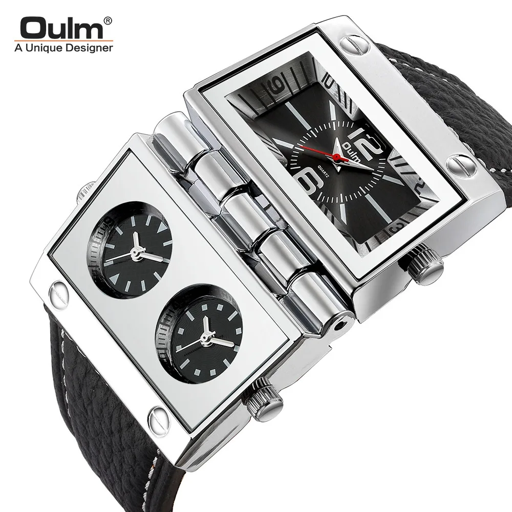 

Fashion Oulm Top Brand Multi Time Zone Large Dial Rectangular Folding Quartz Leathe Personalized Military Sports Wrist Watches