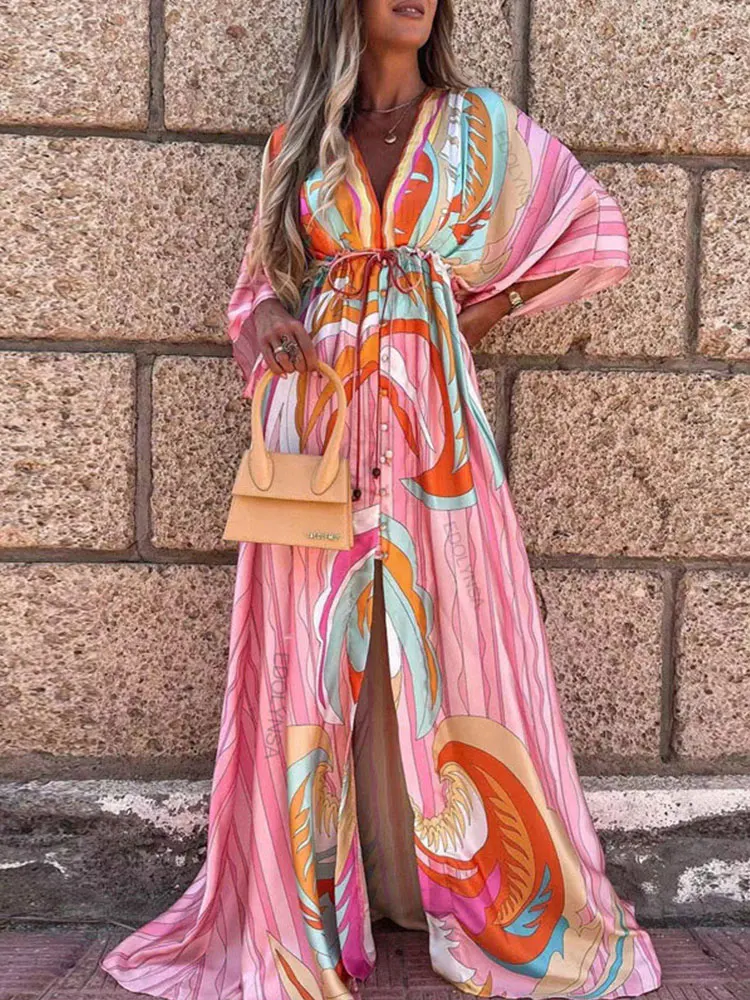 

Elegant Gorgeous Printing Dress Plus SizeWomen Casual Elastic Waist Long Party Dress 2023 Summer Loose Slit Beach Dress A932