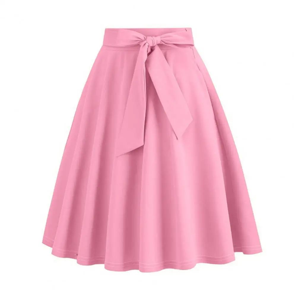 

Women Skirt Belted Tight Waist Bow Decor A-line Big Swing Solid Color High Waist Ruffle Midi Skirt Summer Party