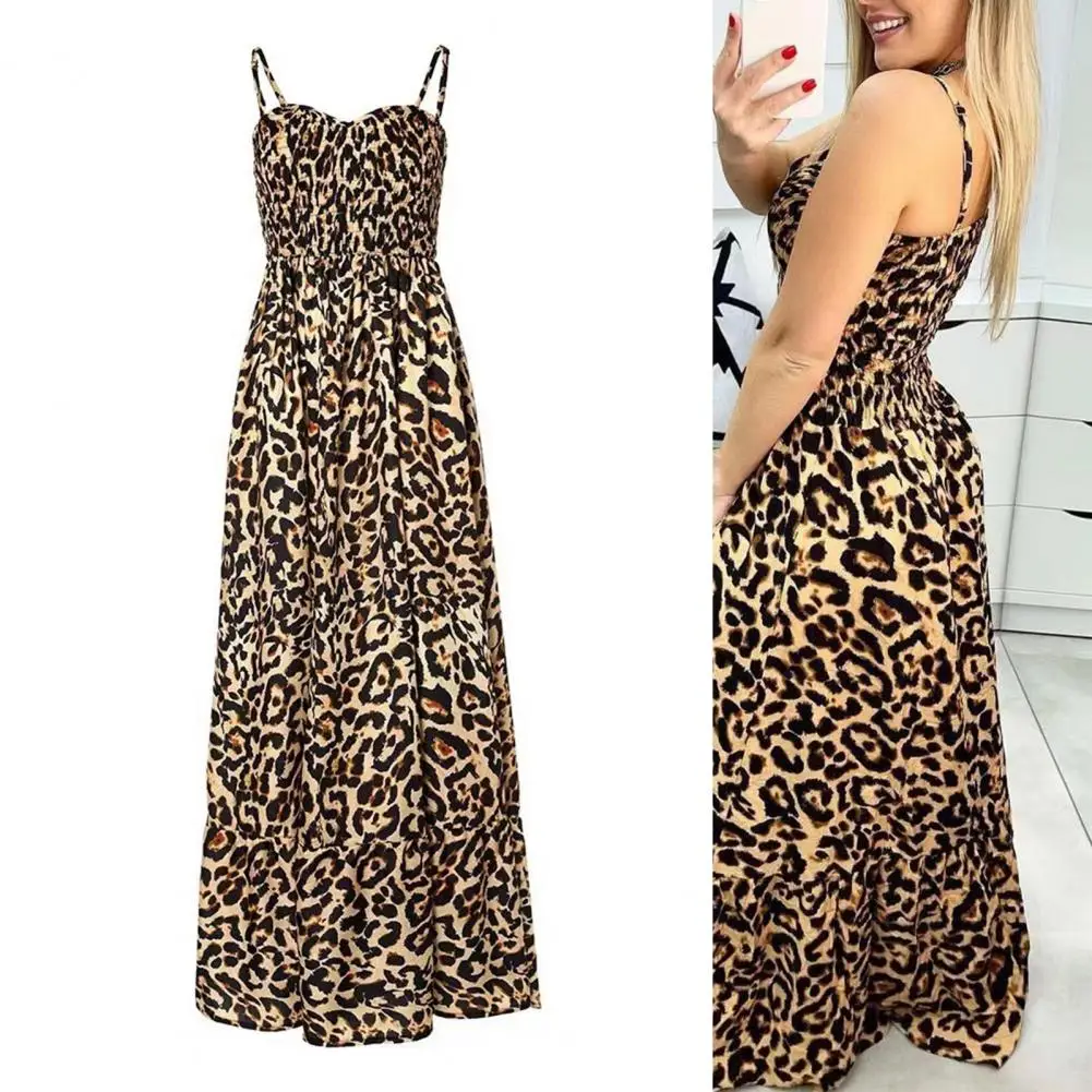 

Elegant Waist Dress Leopard Print Strappy Maxi Dress with Low-cut V Neck Backless Design Women's Vacation Beachwear with High