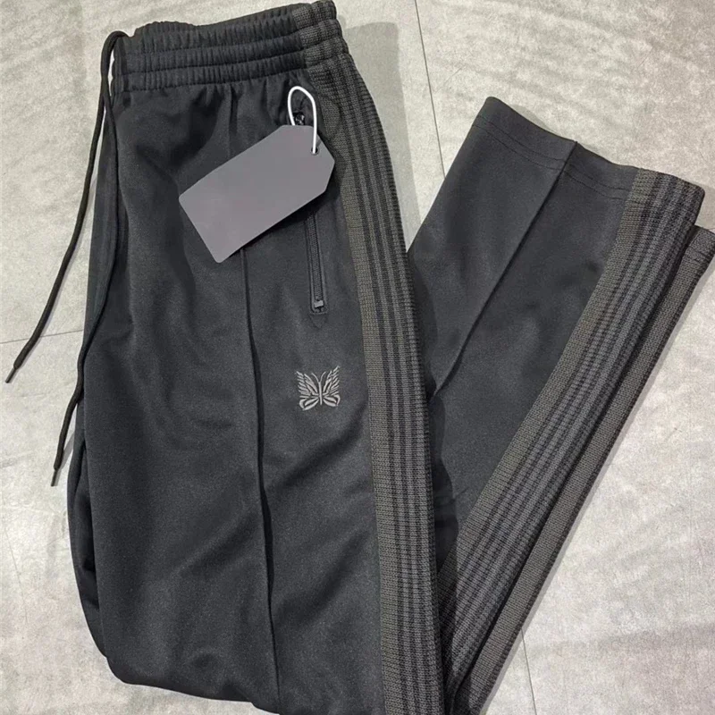 

Black Stripe Needles Pants Men Women 1:1 High Quality Embroidered Butterfly Needles Track Pants Straight AWGE Trousers Gym
