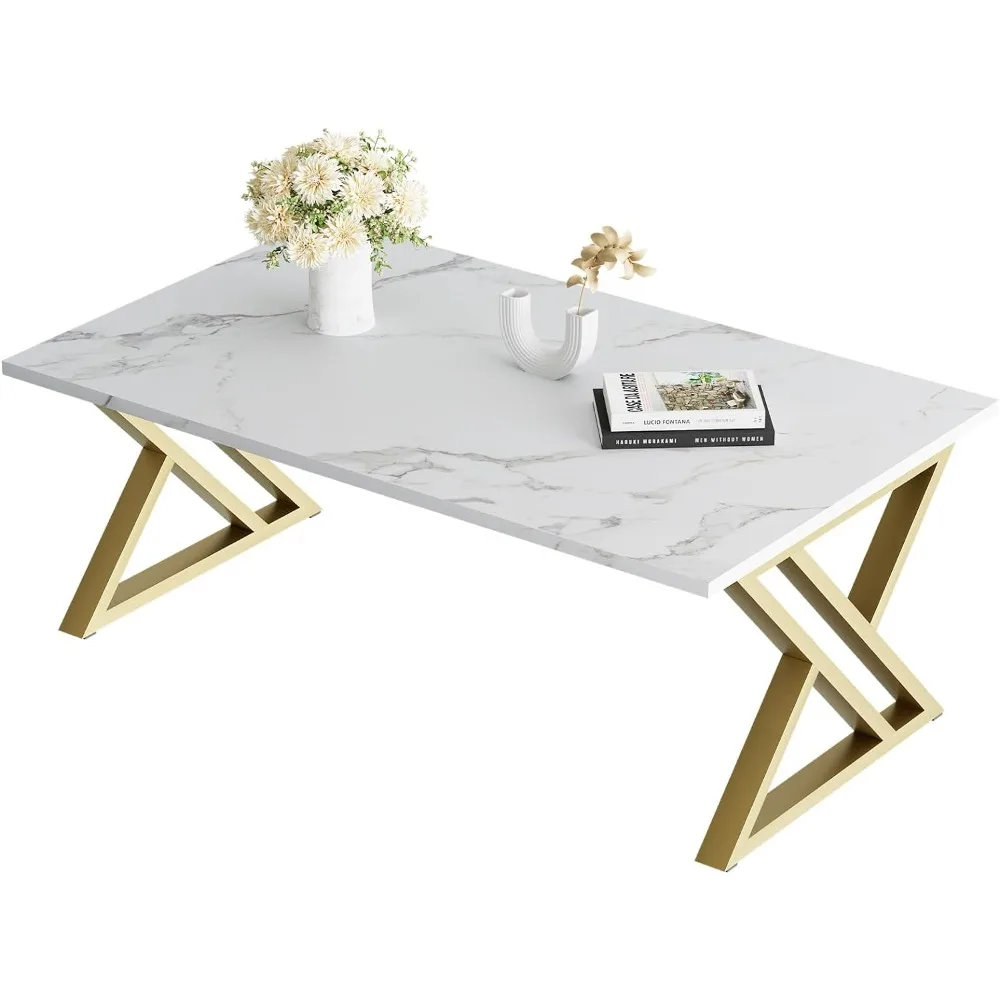 

Table, living room table, simple modern artificial marble rectangular tea table, sturdy golden metal frame,