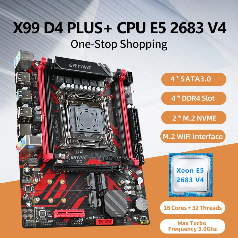 

ERYING X99 D4 PLUS LGA 2011-3 Motherboard Set Kit Xeon E5 2683 v4 CPU Processor Combo