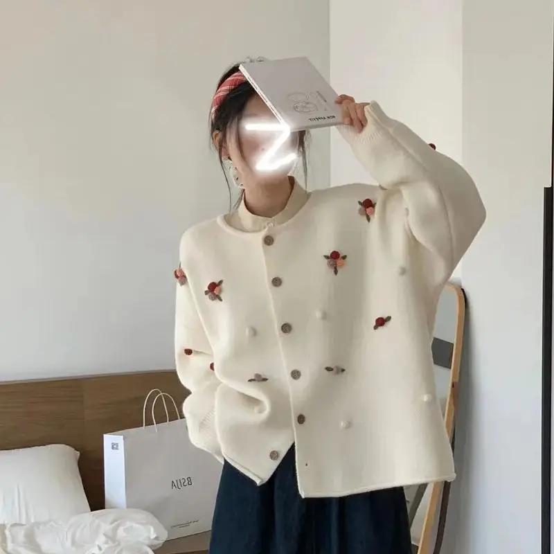 

Hsa Beige Cardigans Handmade sweater jacket for women loose thickened autumn and winter new style high-end small fresh Tops