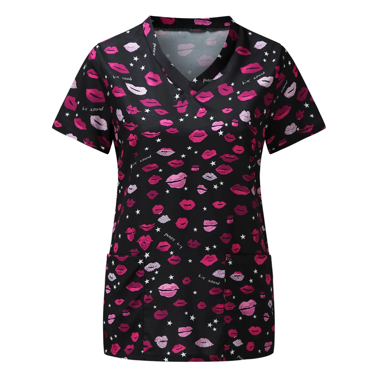 

Clinical Uniforms Woman Summer Working Nurse Blouse Short Sleeve V-neck Medicine Uniforms Tops sexy lips Printed Nursing Clothes