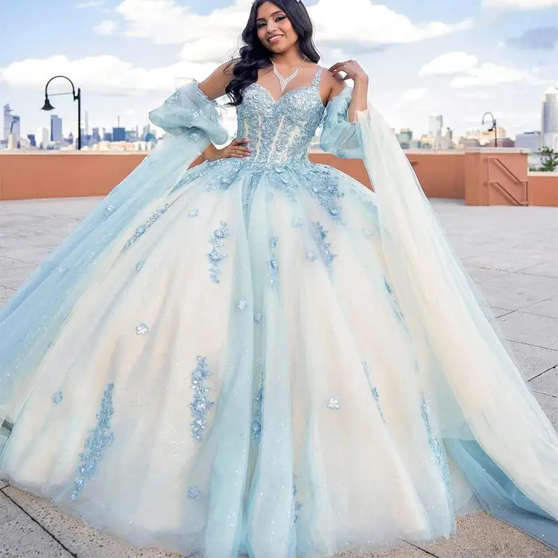 

Sky Blue Sequined Appliques Beading Shiny Crystal Tull Ball Gown Quinceanera Dresses Spaghetti Strap Corset Vestidos De 15 Años