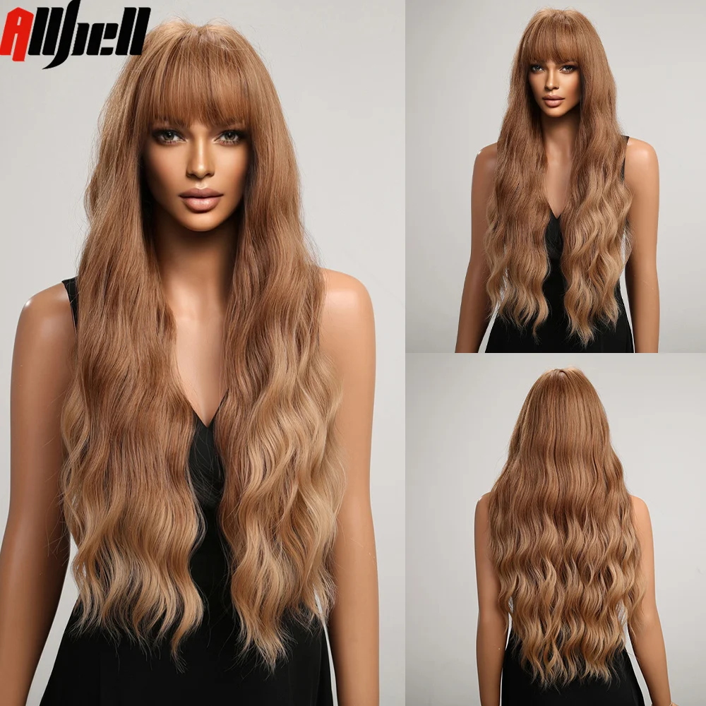 

Long Curly Synthetic Ombre Ginger Brown Blonde Wig with Bangs for Women Water Wavy Hairs Wigs Daily Cosplay Use Heat Resistant