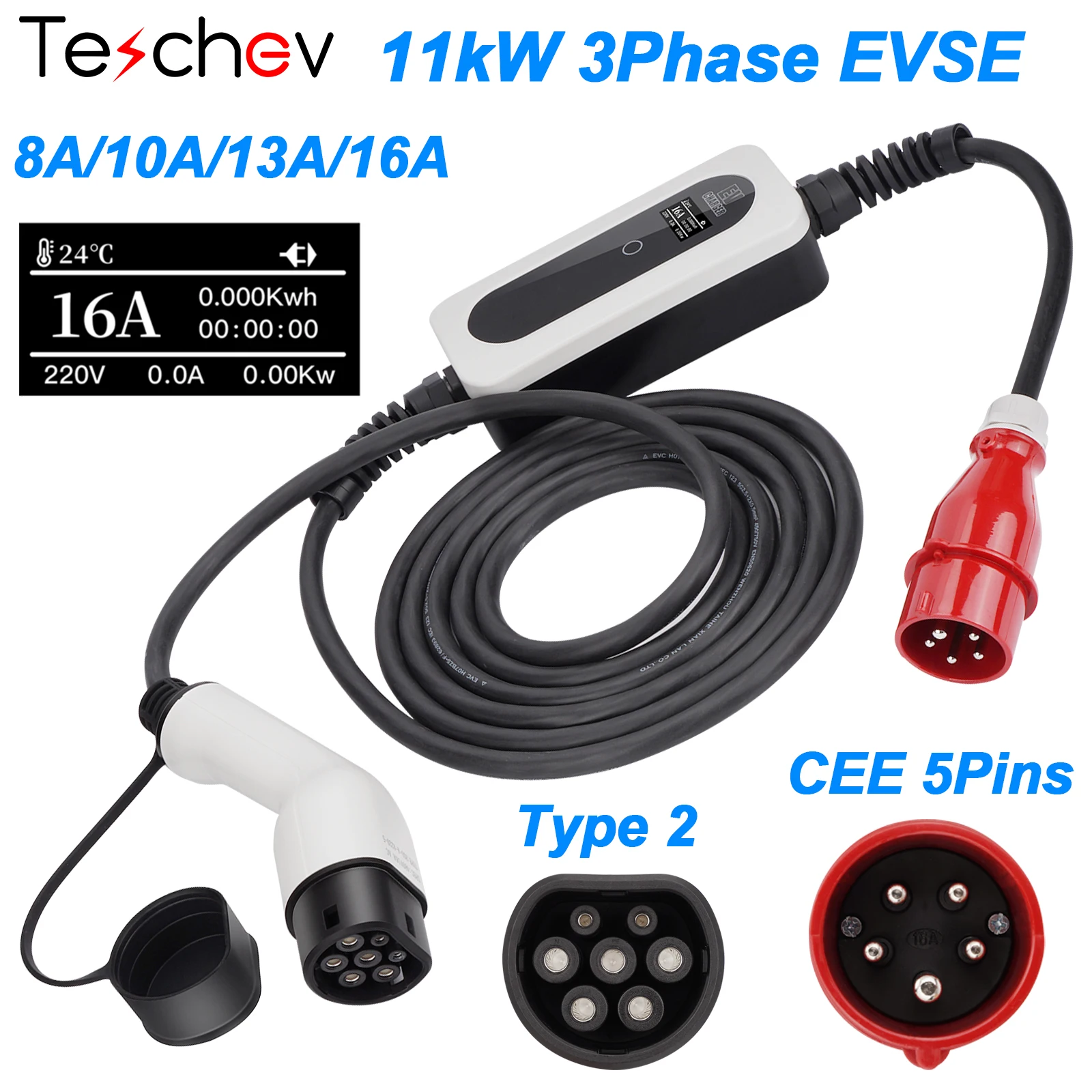 

11kw Ev Charger Type2 3 Phase 16A IEC 62196 CEE Red Plug Portable Charger Fast Charging EVSE Electric Vehicles Three Phase