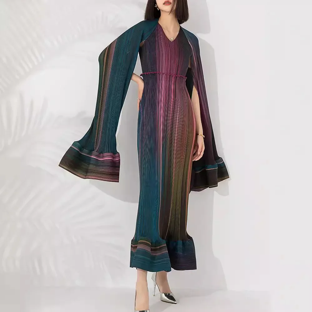 

Miyake Pleated Suit Women High-end Spring and Summer New Gradient Color V-neck Inner Long Dress Long-sleeved Outer Two-piece Set