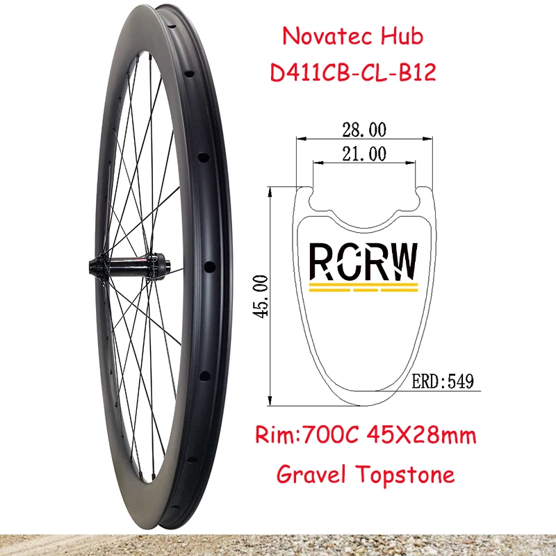 

700C Gravel Road 45x28mm Front Wheelset Carbon Rim 24Hole Tubeless 28 Wide 45 Deep Novatec D411CB 12X110mm Boost Center Lock Hub