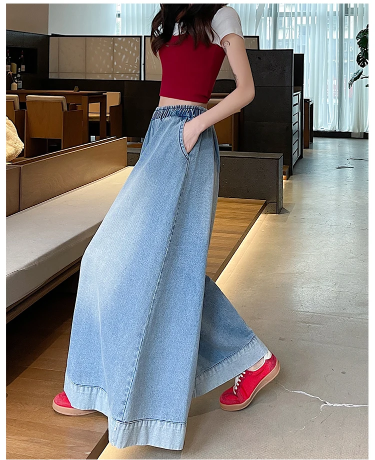 Summer Vintage Womens Loose Denim Wide Leg Pants Ladies Casual Elastic Waist Jeans Oversized Trousers Summer Vintage Womens Loose Denim Wide Leg Pants Ladies Casual Elastic Waist Jeans Oversized Trousers