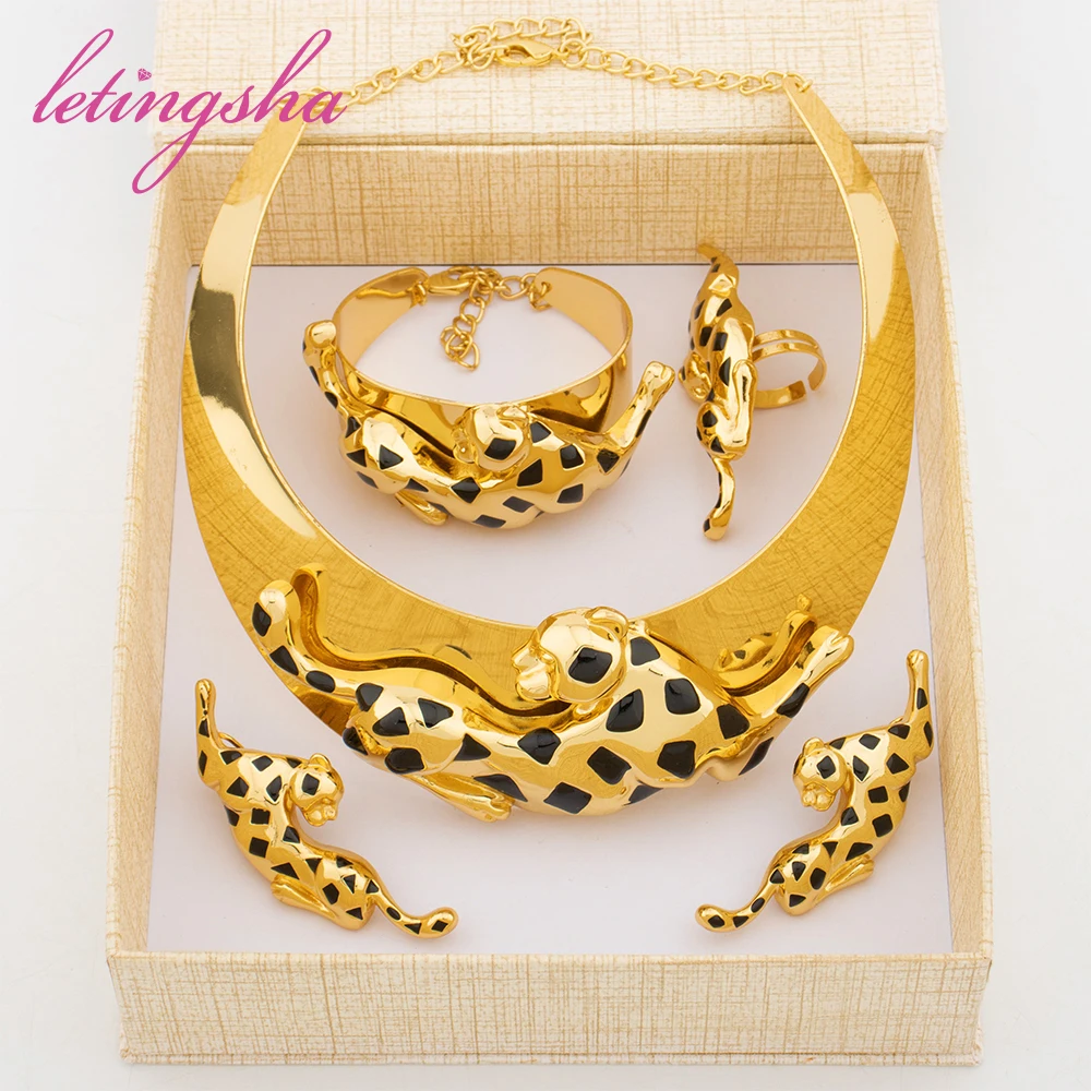 

Dubai Luxury Gold Color Jewelry Set Leopard Pendant Bangle Rings Fashion Earrings Glossy Necklace 18K Gold Plated Jewelry Sets