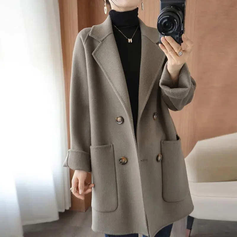 

Женское двухстороннее шерстяное пальто, черное или серое Свободное пальто средней длины из 2023-ной шерсти, модель B145 в Корейском стиле на осень и зиму, 100%
