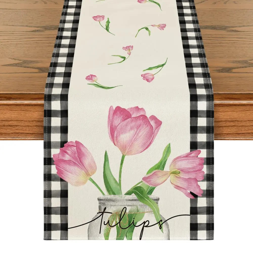 

Buffalo Plaid Vase Pink Tulips Spring Table Runner, Seasonal Summer Kitchen Dining Table Decoration for Home Party Decor