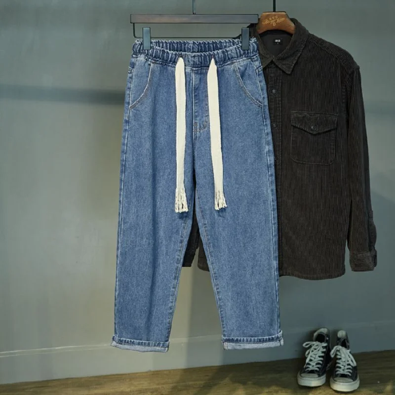 

Men's Baggy Jeans Korean Fashion Street Ankle Lenght Wide Leg Pants 2023 New Men Casual Drawstring Loose Denim Harem Pants 46