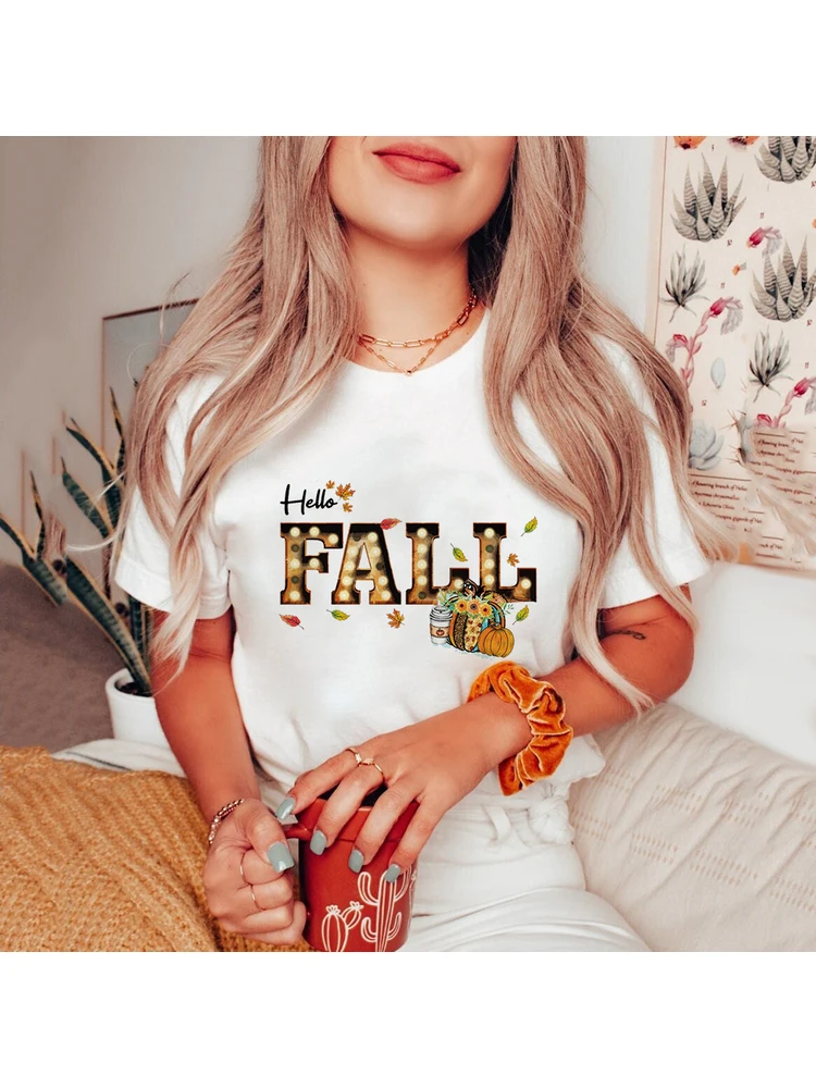 

Hello Fall Thanksgiving Shirt Fall Graphic Tee Clothing Fashion Retro Autumn T Shirt Pumpkin Spice Shirts Trick or Treat Costume