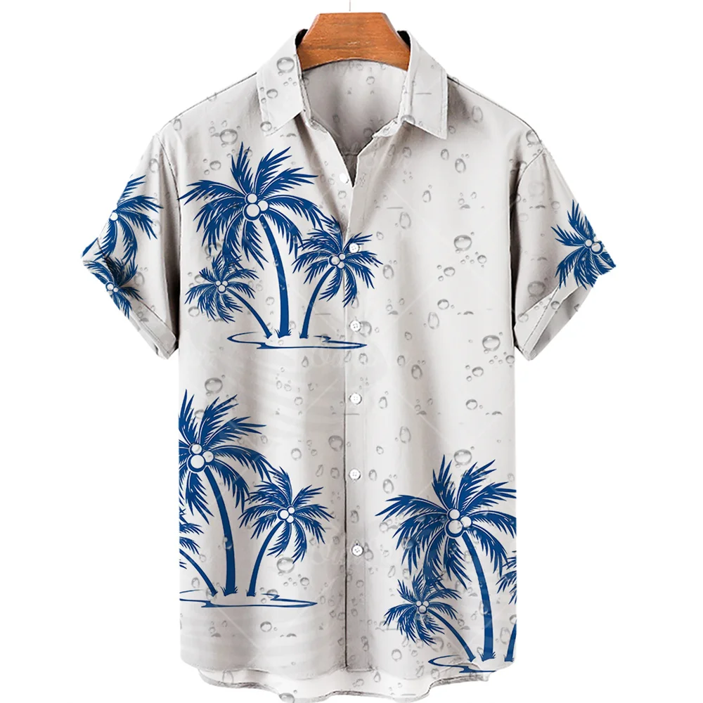 

Summer New Coconut Tree Hawaiian Printing Shirt V-neck One Word Button Short Sleeve Casual Fashion Beach Resort Style Loose 5xl
