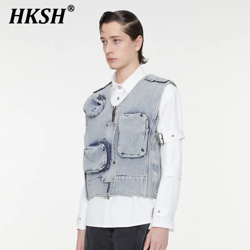 

HKSH Spring Summer Men's Tide Chic Niche Design Denim Vest 3D Pockets Camisole Punk Tank Tops Spliced Patchwork Waistcoat HK1295