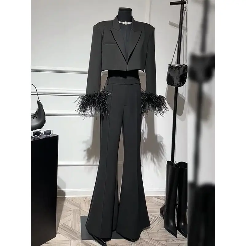 

Insozkdg 2024 Spring New Women Long Sleeve Feather Cuffs Turn-down Collar Blazer + High Waist Pants Female Fashion Two Piece Set