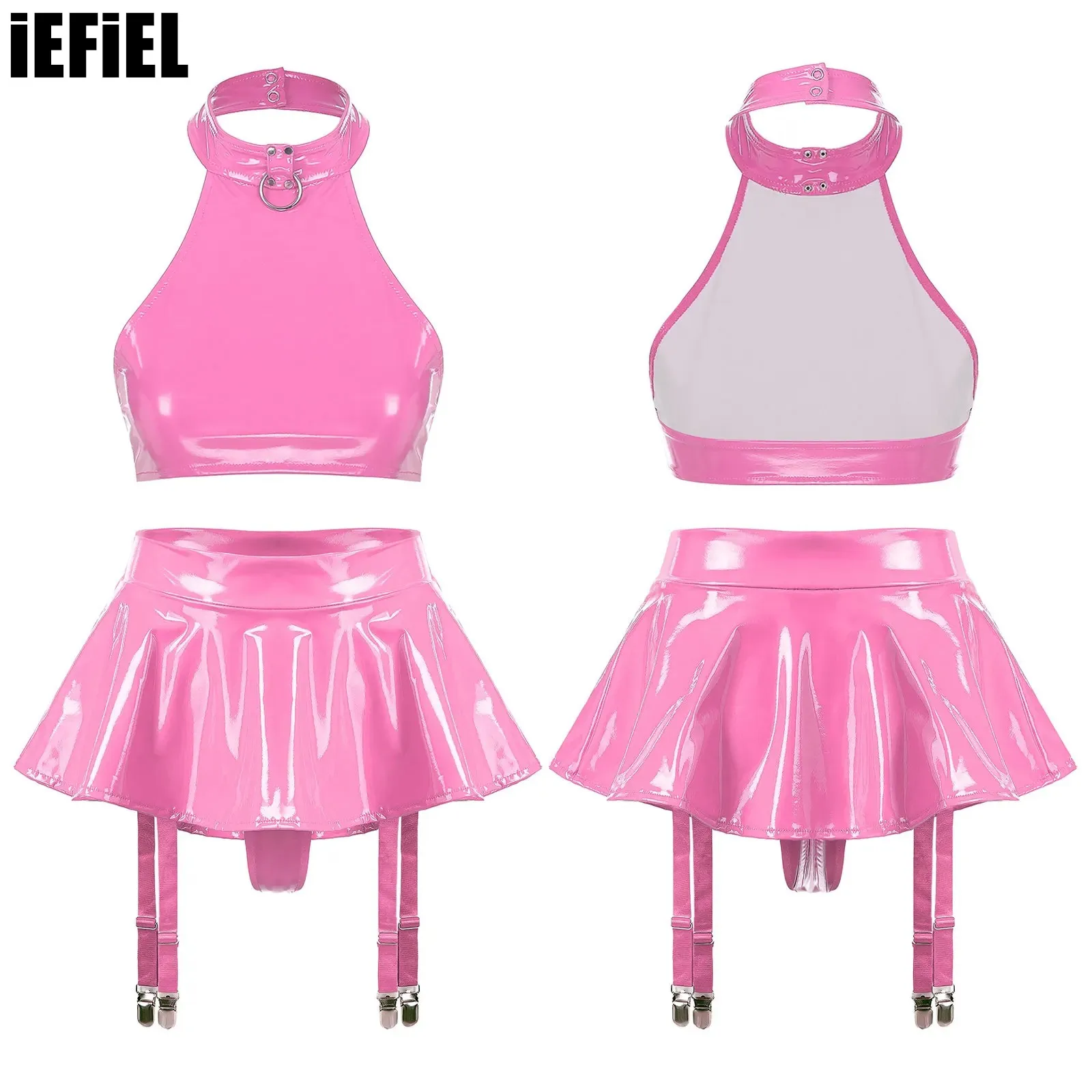 Womens Patent Leather Lingerie Sets Nightclub Outfit O Ring Halter Backless Crop Top with Built-in Thongs Ruffle Miniskirt
Womens Patent Leather Lingerie Sets Nightclub Outfit O Ring Halter Backless Crop Top with Built-in Thongs Ruffle Miniskirt