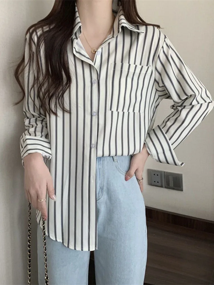 Zoki Striped Shirt Women Korean Fashion Long Sleeve Blouse Casual Turn Down Collar Pocket Vintage Female Tops All Match Clothes
Zoki Striped Shirt Women Korean Fashion Long Sleeve Blouse Casual Turn Down Collar Pocket Vintage Female Tops All Match Clothes