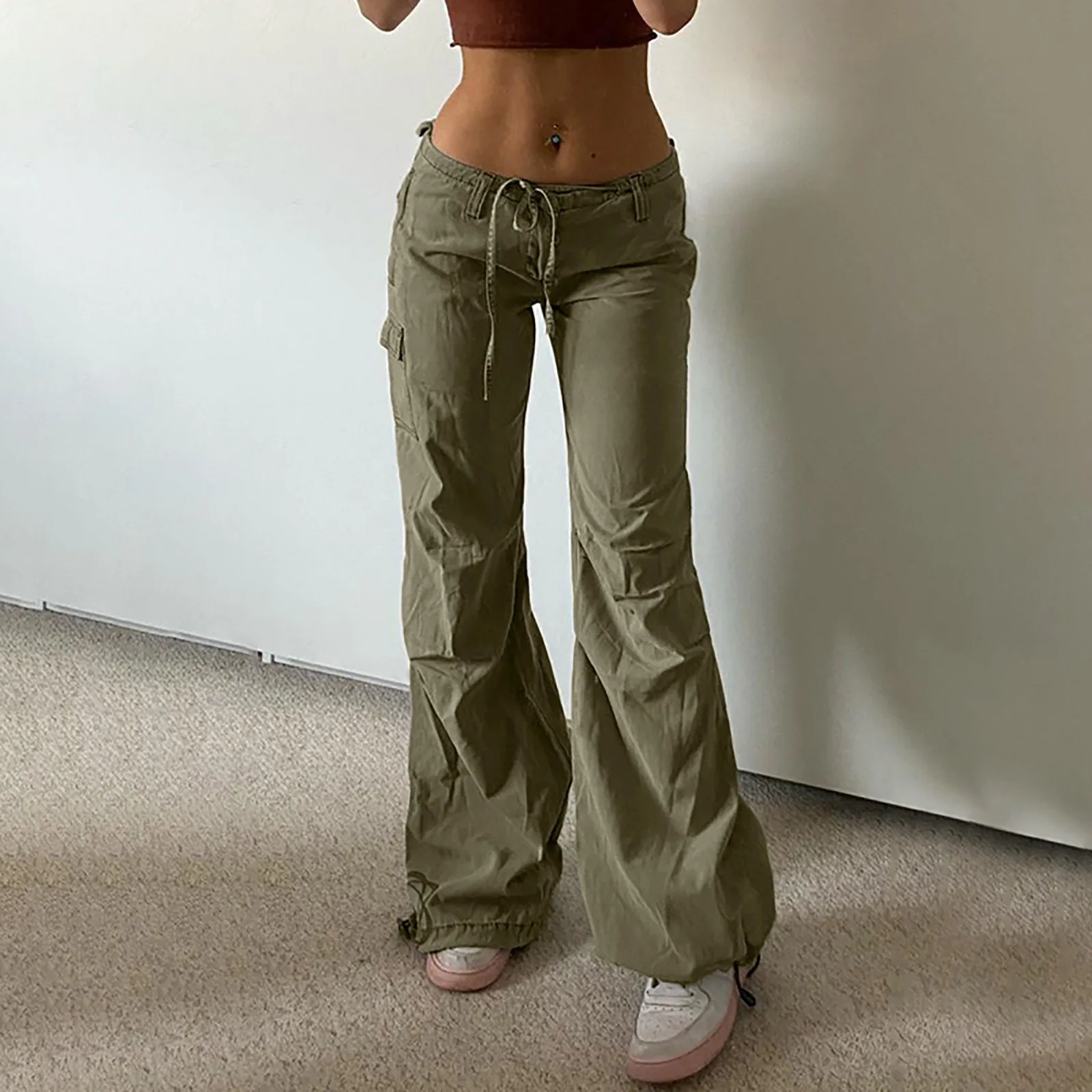 

Y2K Women Vintage Cargo Pants Streetwear Techwear Korean Harajuku Parachute Pants Beige Sweatpants Wide Leg Joggers Trousers