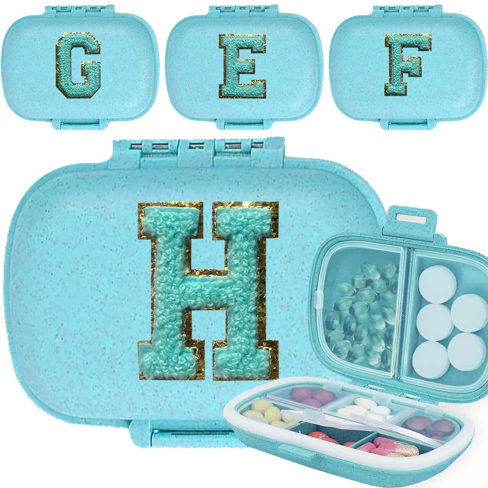 

Portable Daily Medicine Storage Pill Box with Green Letter Embroidered Logo Pattern 8 Grid Horizontal Medicine Storage Box