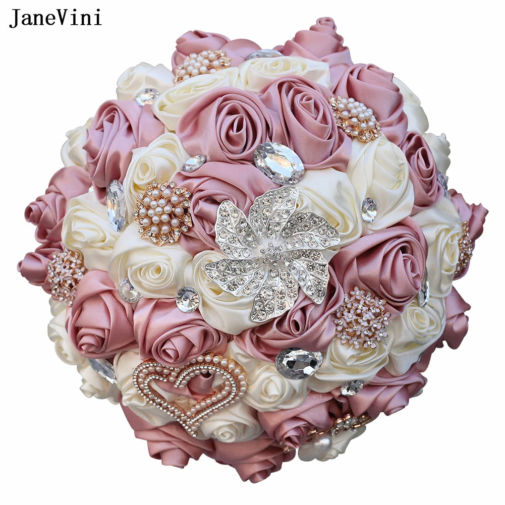 

JaneVini Elegant Nude Pink Bridal Brooch Bouquets Crystal Artificial Satin Roses Flowers Round Bride Bouquet Wedding Accessories