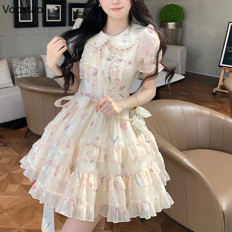 

Summer Sweet Lolita Style Fairy Dress Women Cute Peter Pan Collar Floral Ruffles Princess Dresses Female Chic Vacation Vestidos