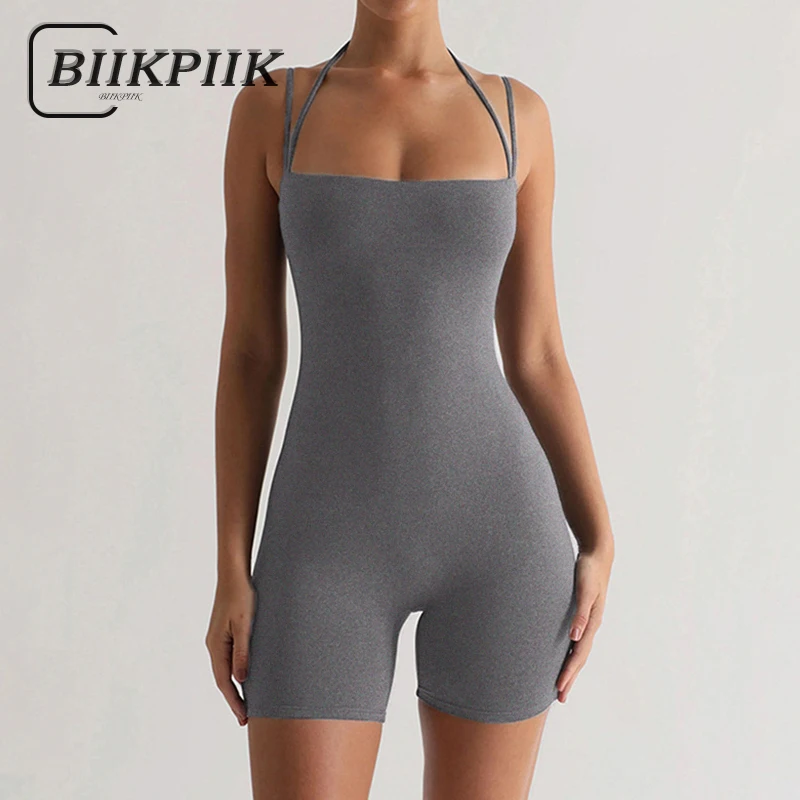 

BIIKPIIK Halter Strap Women Basic Rompers Casual Sleeveless Solid Slim Fit Sporty Playsuits All-matched Concise Overalls Fitness