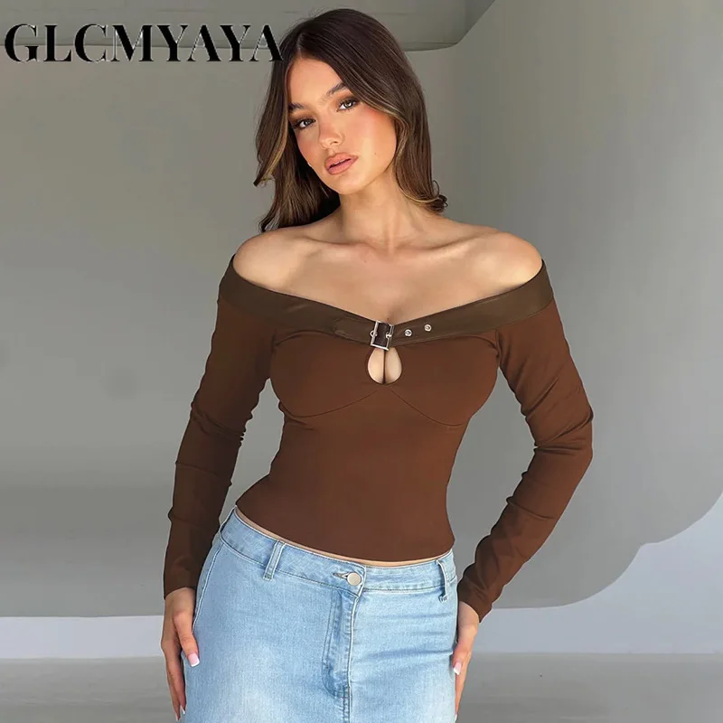 

GLCMYAYA Women American Retro Slash Neck Hollow Out Spliced Long Sleeve Tee Tops 2023 INS Solid Basics Slim Simple T-Shirts