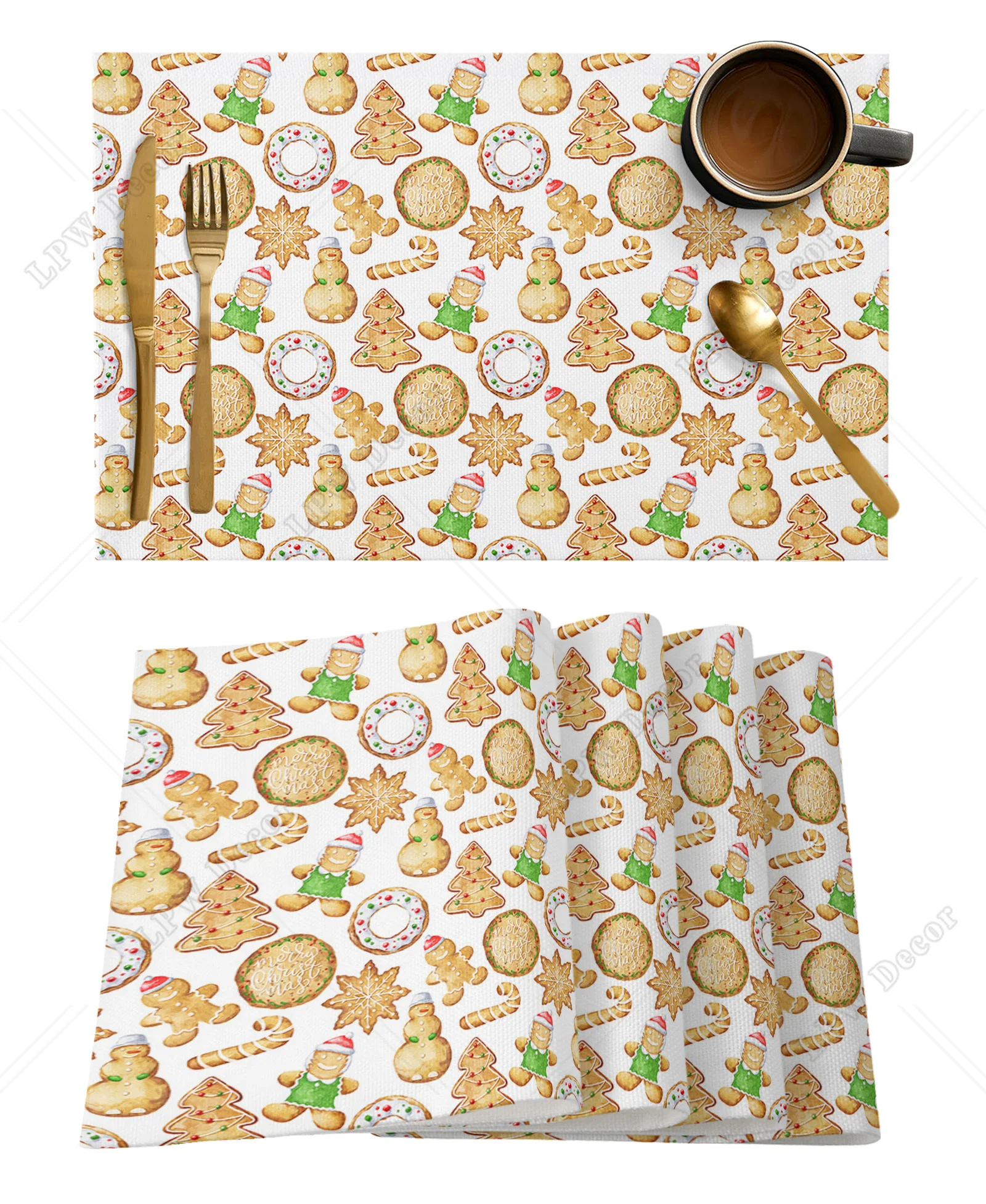 

4/6 Pcs Christmas Watercolor Gingerbread Kitchen Placemat Christmas Dining Table Decor Table Mat Home Decor Bowl Cup Mat