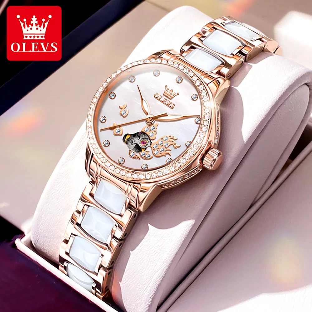 

OLEVS Women's Watches Skeleton Dial Automatic Mechanical Watch for Women Stainless Steel Waterproof Luminous Female Wristwatches