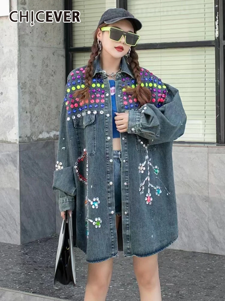CHICEVER Fashion Loose Denim Shirts For Women Lapel Long Sleeve Single Breasted Patchwork Diamonds Hit Color Chic Blouses Female
CHICEVER Fashion Loose Denim Shirts For Women Lapel Long Sleeve Single Breasted Patchwork Diamonds Hit Color Chic Blouses Female