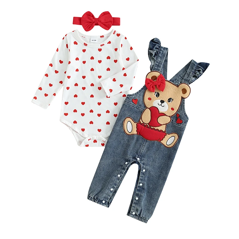 

Baby Girl Valentine's Day Clothes Heart Print Long Sleeve Romper with Bear Embroidery Denim Overalls Pants Headband