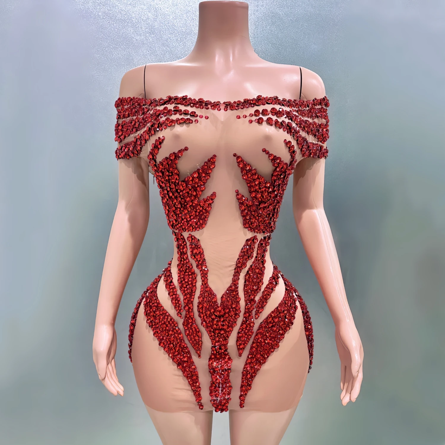 

Flashing Red Small Diamond Sexy Off-The-Shoulder See-Through Sheath Dress Evening Party Performance Costume Singer Stage Wear