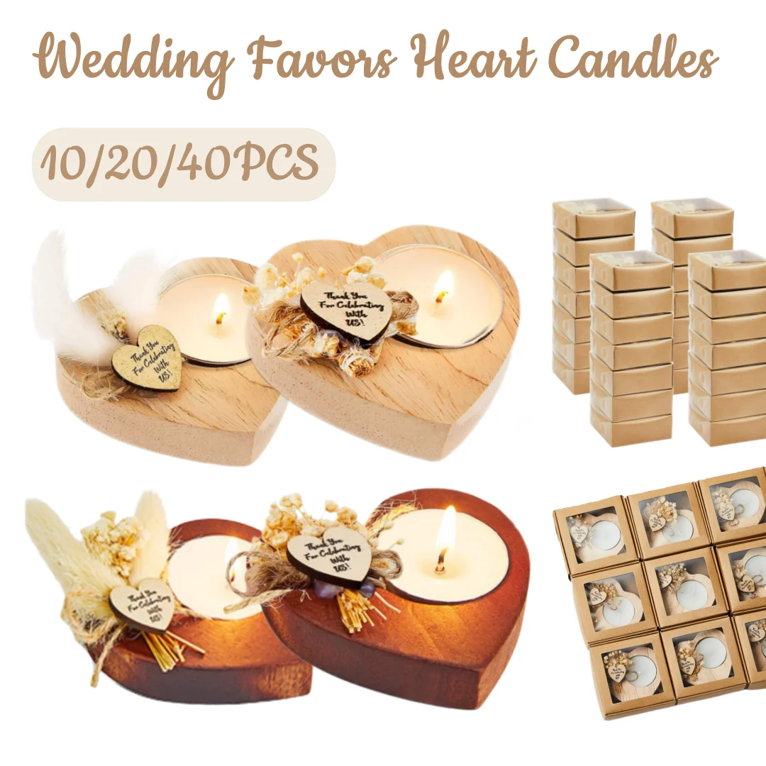 

10-40PCS Heart Shaped Wood Tealight Candle Bridal Shower Favors for Guests Thank You Wooden Wedding Candles Baby Shower Baptism