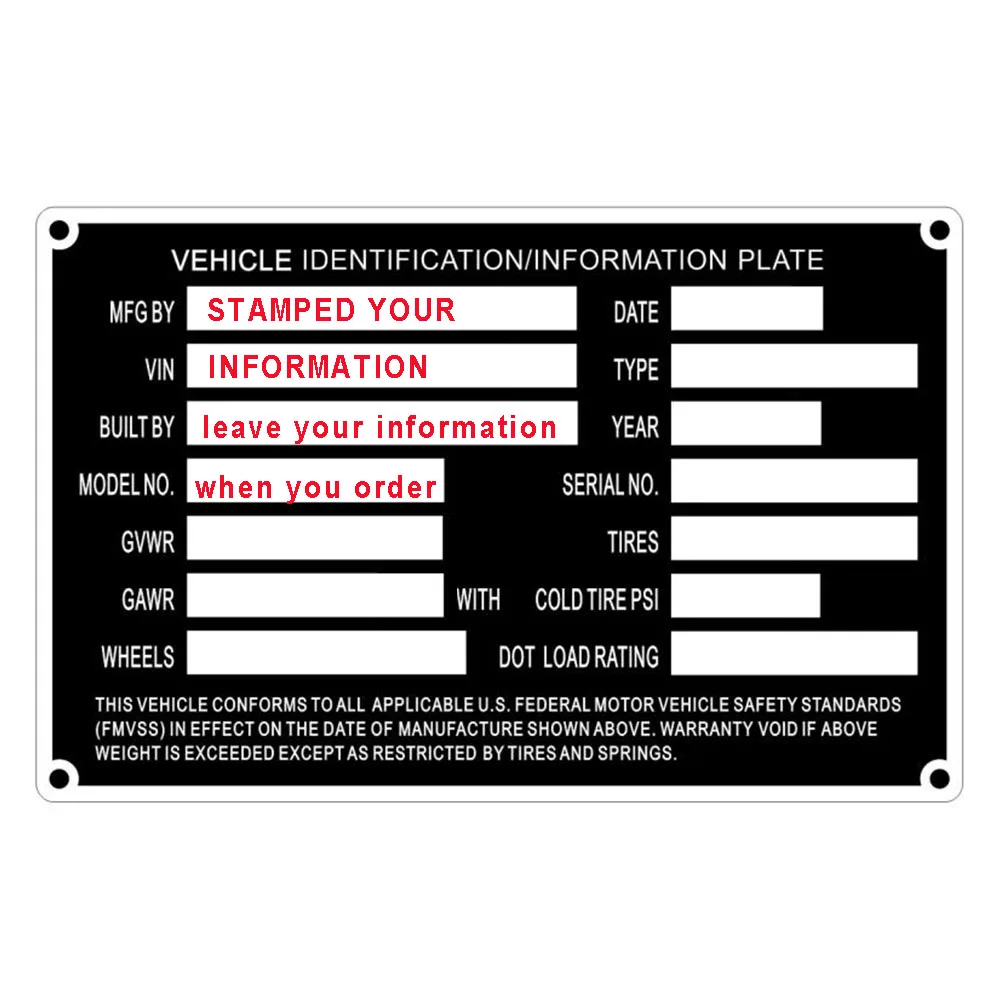 Pre-Engraved Stamped Trailer Truck ID/Data Plate - Custom Engraving of VIN, MFG & DOT info Included
Pre-Engraved Stamped Trailer Truck ID/Data Plate - Custom Engraving of VIN, MFG & DOT info Included
