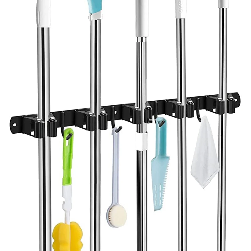 

Broom Holder Wall Mount Mop Organizer Storage Tool Racks Stainless Steel Hooks Non-slip for Home Kitchen Garden Laundry Garage