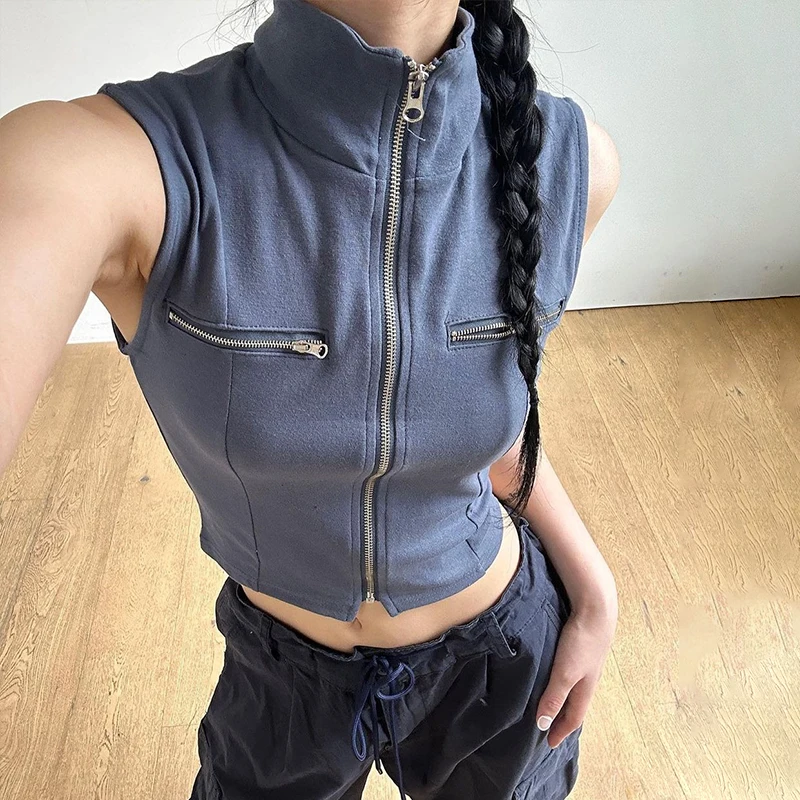 

American Retro Versatile Y2K Spicy Girl Slim Sleeveless Tank Top 2024 Summer New High Street Open Navel Zipper Vest Short Top