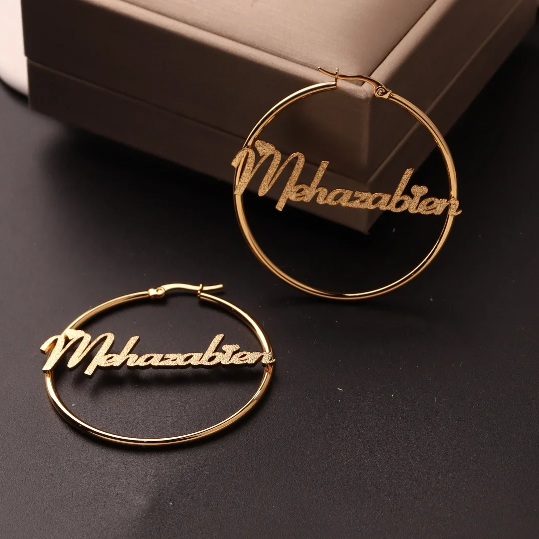 

Custom Name Stainless Steel Earrings for Women Frosted Jewelry A Pair Personalized Big Hoops Perforation Earring Christmas Gifts