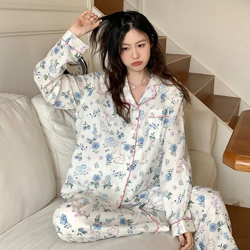 Long Sleeve Pajamas Set Turn-down Collar Cardigan Women Floral Cartoon Printed Cotton Kawaii Trendy Women 2PCS Pyjamas Elegant 
Long Sleeve Pajamas Set Turn-down Collar Cardigan Women Floral Cartoon Printed Cotton Kawaii Trendy Women 2PCS Pyjamas Elegant