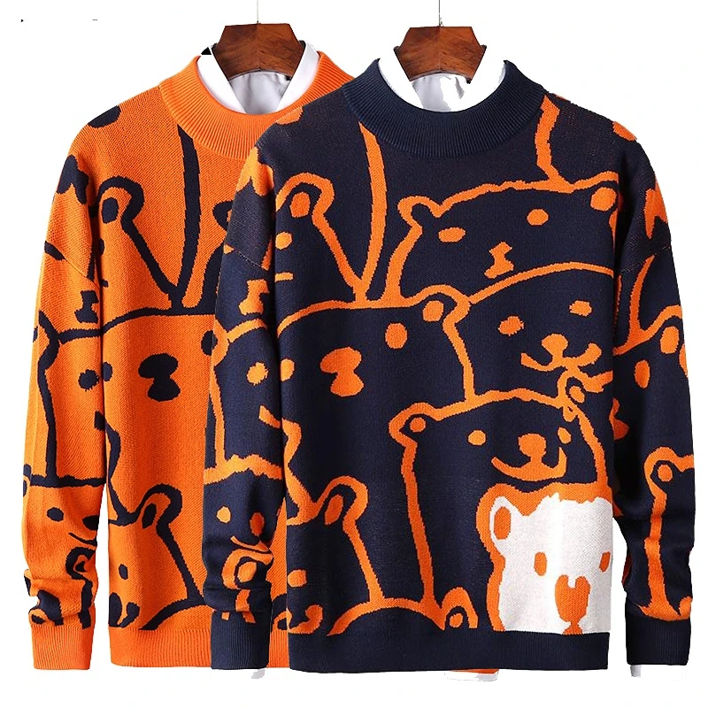 

Autumn Winter Mens Casual Sweaters Loose Harajuku Style Male Polar Bear Pattern Trendy Slim Sweaters Warm Round Collar Pullovers