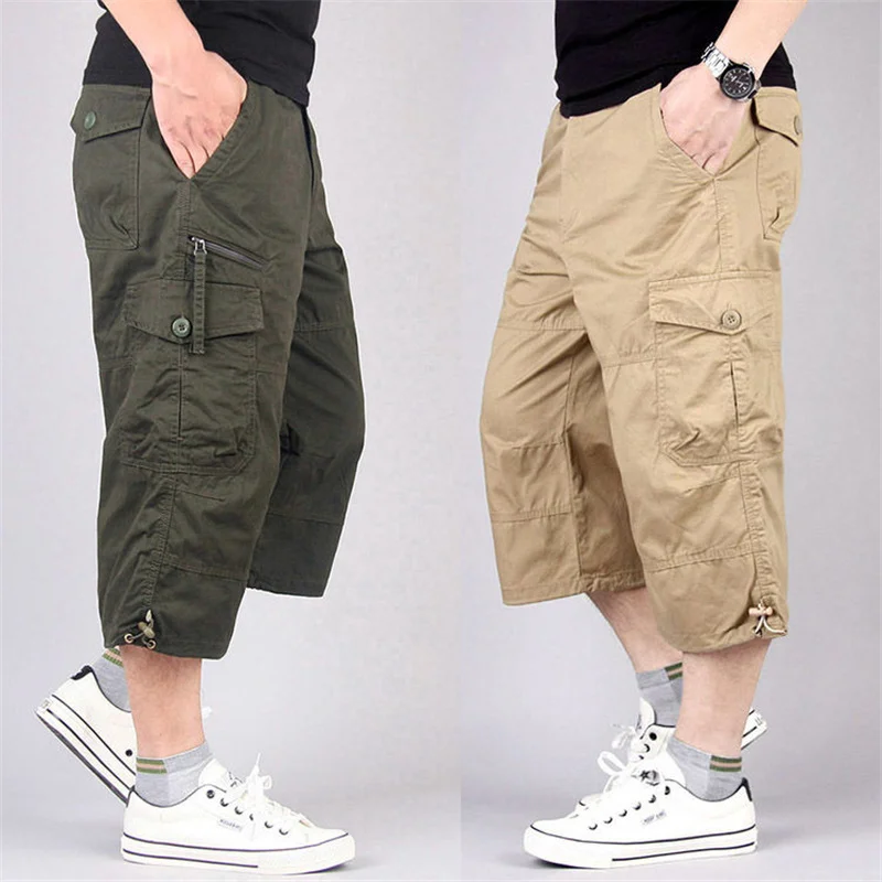 

Long Length Cargo Shorts Men Summer Multi-Pocket Casual Cotton Elastic Capri Pants Military Tactical Short Hot Breeches 5XL