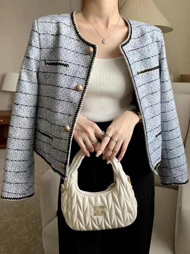 

2024 High Quality French Vintage Small Fragrance Tweed Jacket For Women Autumn Winter Stripe Woolen Coat Outerwear Female Clothi