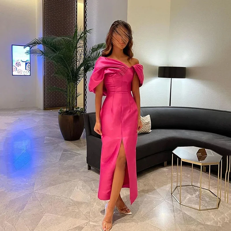 

Saudi Arab Off the Shoulder Satin Evening Dresses Sexy Mermaid Front Slit Pleats Fashion Prom Gowns for Women فساتين السهرة