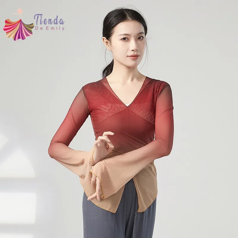 

Horn Long Sleeve Dance Shirt Sexy Transparent Women Classical Chinese Folk Dancer Top Thin Gauze Mesh Dancewear Body Rhyme Hanfu