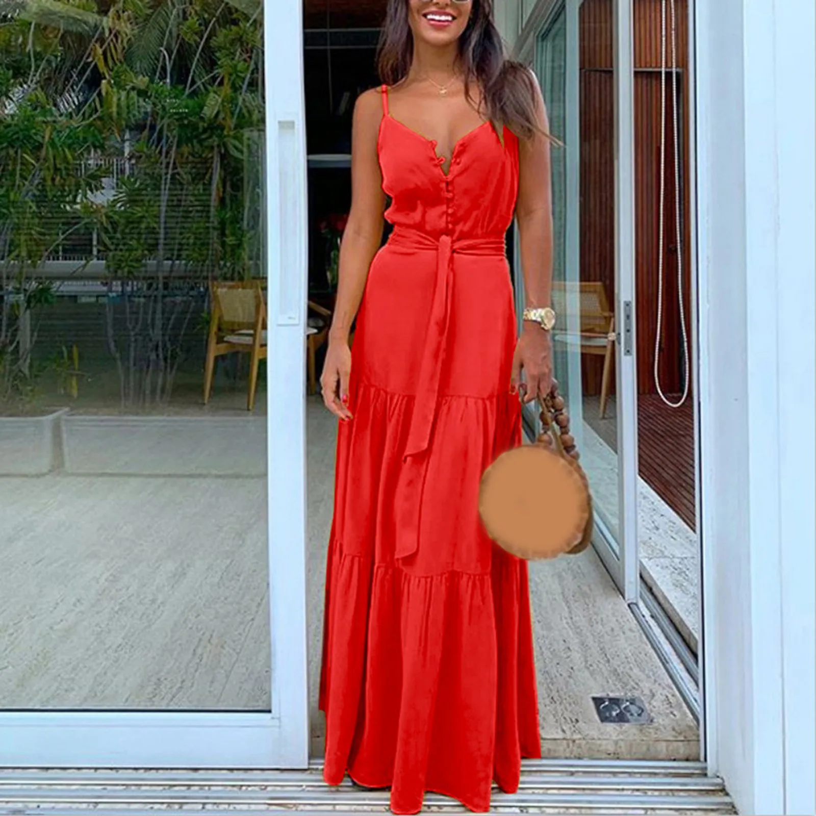 

Summer Boho Maxi Dress Sleeveless V-Neck Bandage Strappy Fashion Casual High-Waisted Long Dresses For Women