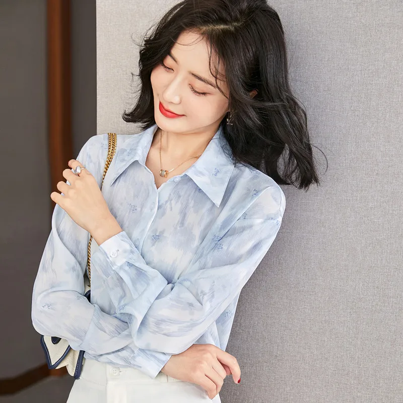 Spring Women's Shirt 2022 Printed Blouses for Women's Blue Polo Neck Long Sleeve Top Button Up New Clothing Woman Basic Shirt OL
Spring Women's Shirt 2022 Printed Blouses for Women's Blue Polo Neck Long Sleeve Top Button Up New Clothing Woman Basic Shirt OL